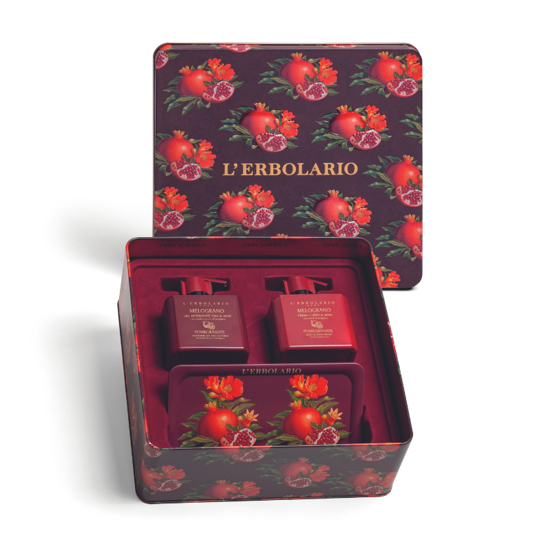 POMEGRANATE BEAUTY SECRETS DUO WITH TIN TRAY : CLEANSING GEL FACE & HANDS 250 ML AND BODY& HAND CREAM 25 ML